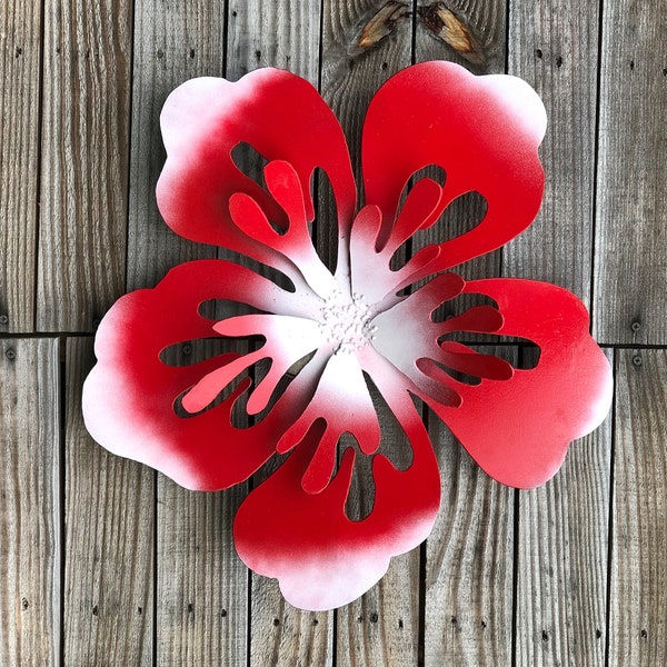 hawaiian hibiscus wall hanging sculpture - metal hawaiian style flower - red white hibiscus flower - outdoor hawaiian metal art - big flower