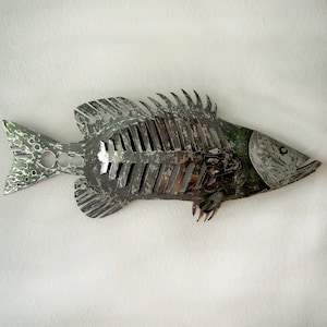 48&quot; Giant wall mounted fish sculpture - Huge fish wall decor - Steel bone fish - Silver and black bass art - Massive bass home decor
