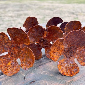 May include: A cluster of five rusty metal flowers, each with five petals, arranged on a wooden surface. The flowers are a deep orange-brown color and have a rough, textured surface.