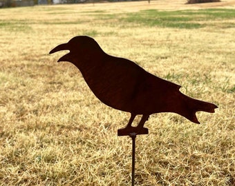 crow metal garden stake - rustic bird art - raven flowerbed marker - free shipping - handmade in arkansas - unique gift idea- rusty yard art