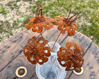 Rusty umbrella flowers weathered - set of 4 - rustic handmade floral - unique quality 3 inch bloom width - artificial exceptional U.S. made