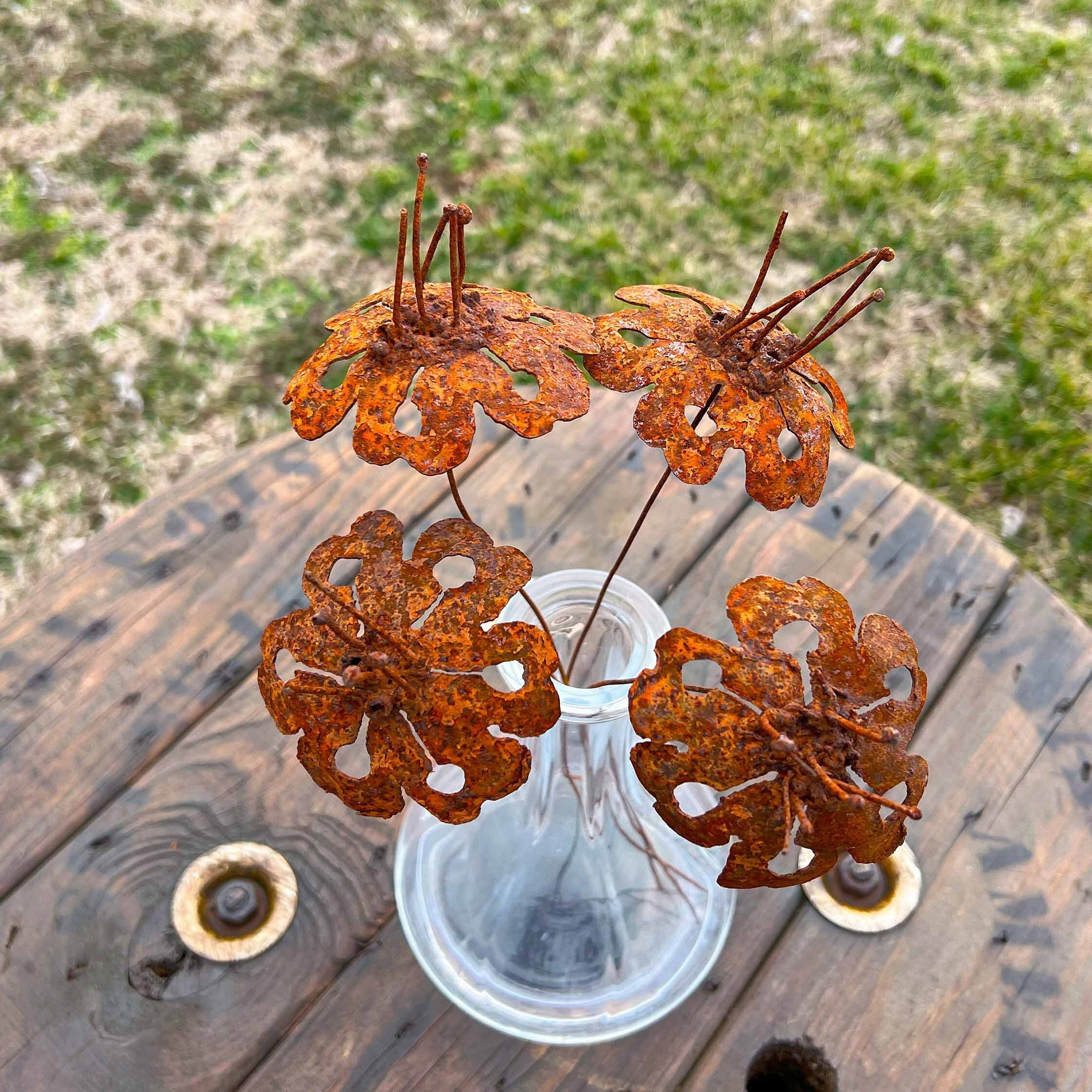 Rusty umbrella flowers weathered - set of 4 - rustic handmade floral - unique quality 3 inch bloom width - artificial exceptional U.S. made