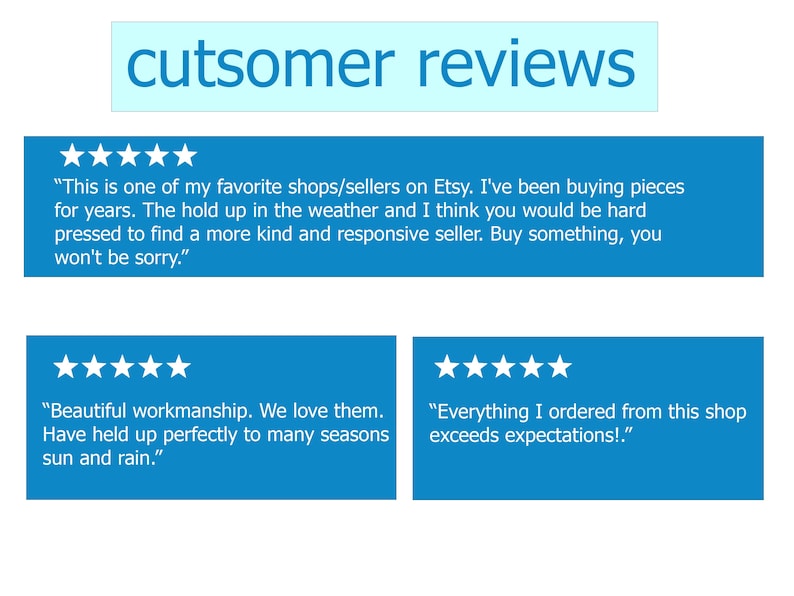 Pu&ograve; includere: Immagine di recensioni dei clienti con valutazioni a cinque stelle. Il testo recita "cutsomer reviews" in alto. Tre riquadri rettangolari blu mostrano testimonianze dei clienti sulla qualit&agrave; e sul servizio del negozio.