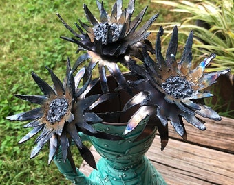 Dahlia metal flowers - shabby chic decor - spikey puff flower - unfinished steel appearance - industrial handmade look - unique decor