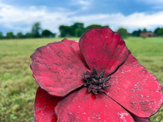 Rustic Series Industrial Metal Poppy Flower Stake – Handmade 22” Barn Flower with 6” Bloom