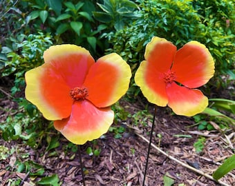 Handmade Metal California Poppy Set of 2,  Orange & Yellow Flower Garden Stakes