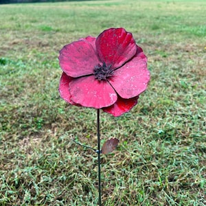Pu&ograve; includere: Scultura floreale in metallo rosso vibrante, con un centro scuro, montata su un sottile stelo di metallo. La scultura presenta un piccolo dettaglio di foglia ed &egrave; ambientata su uno sfondo di erba verde in un giardino.