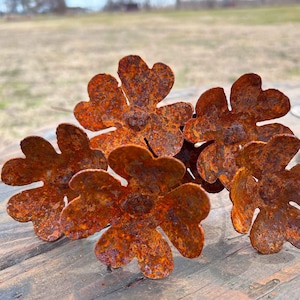 May include: A cluster of four rusty metal flowers with four petals each. The flowers are arranged in a bouquet and have a rustic, weathered look.