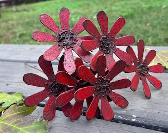 Rustic Red Metal Daisy Flowers Set Of 6 – Handmade Country Flower Decor