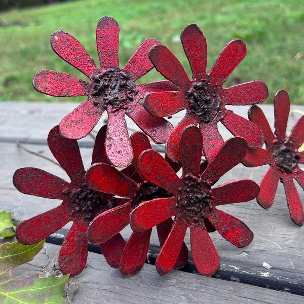 Rustic Red Metal Daisy Flowers Set Of 6 – Handmade Country Flower Decor