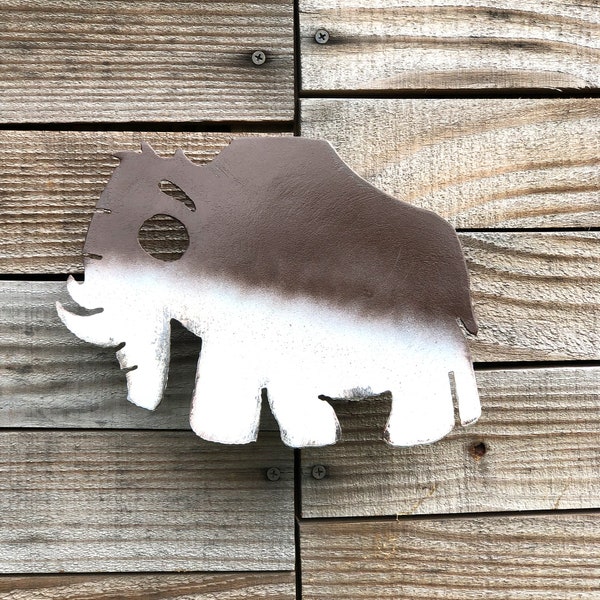 baby woolly mammoth wall hanging metal dinosaur - unique dinosaur home decor - privacy fence dinosaur art - handmade metal dinosaur artwork