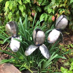 May include: Three metal sculptures of flowers with silver-colored petals and stems. The sculptures are arranged in a cluster and are surrounded by green foliage.