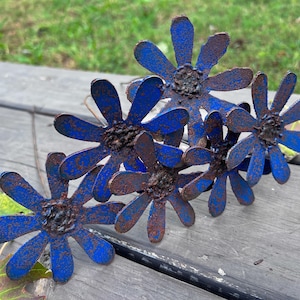 May include: A cluster of handcrafted metal flowers with blue petals and rusty brown centers. The flowers are arranged on a weathered wooden surface, suggesting outdoor decor or garden art. The petals have a distressed finish.