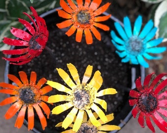 Gerbera artificial metal flowers restore life to empty pots - 7 bright colorful blooms no watering - multiple base sizes from 4" up to 14"