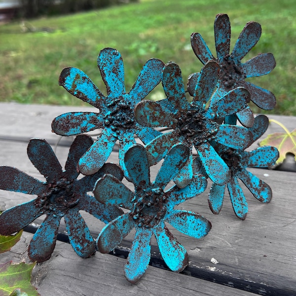Rustic Turquoise Metal Daisy Flowers Set Of 6 – Handmade Country Flower Decor