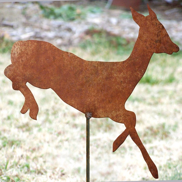 Baby Deer stake - Fawn prancing - Rusty deer artwork - Outdoor deer art - Flowerbed Fawn decor - Rustic prancing deer - Deer property marker