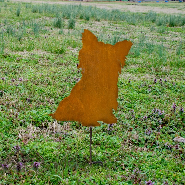 Yorkshire sitting metal stake - Metal Yorkie outdoor stake - Flowerbed Yorkie marker - Rusty Yorkie memorial - outdoor living art