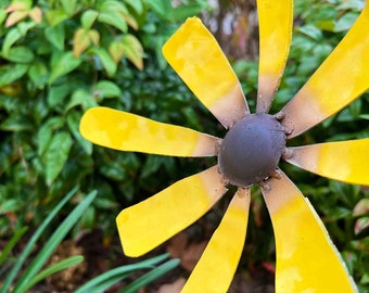 Handmade Metal Sunflower Garden Stake: Rustic Yellow Steel Flowerbed Accent