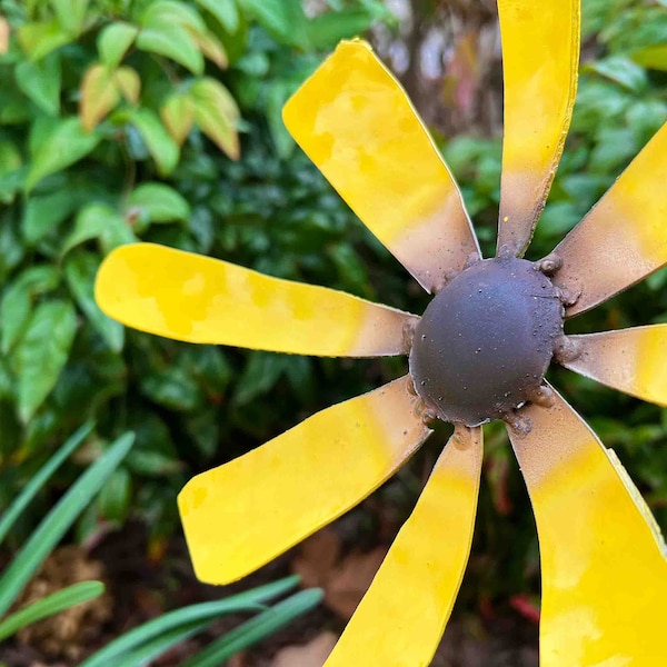 Handmade Metal Sunflower Garden Stake: Rustic Yellow Steel Flowerbed Accent