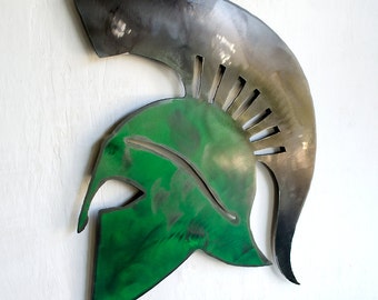 Trojan wall hanging metal sign - Spartan helmet wall hung - metal Trojan helmet art - green and black spartan helmet- outdoor metal wall art