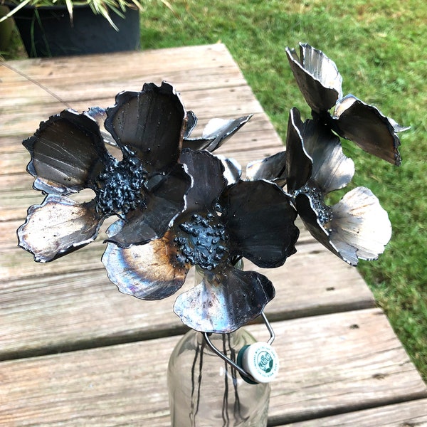 tiny metal poppy set of 6 - unfinished industrial handmade look - unique poppy home decor - flower stakes -  vase accent flowers -  bouquet