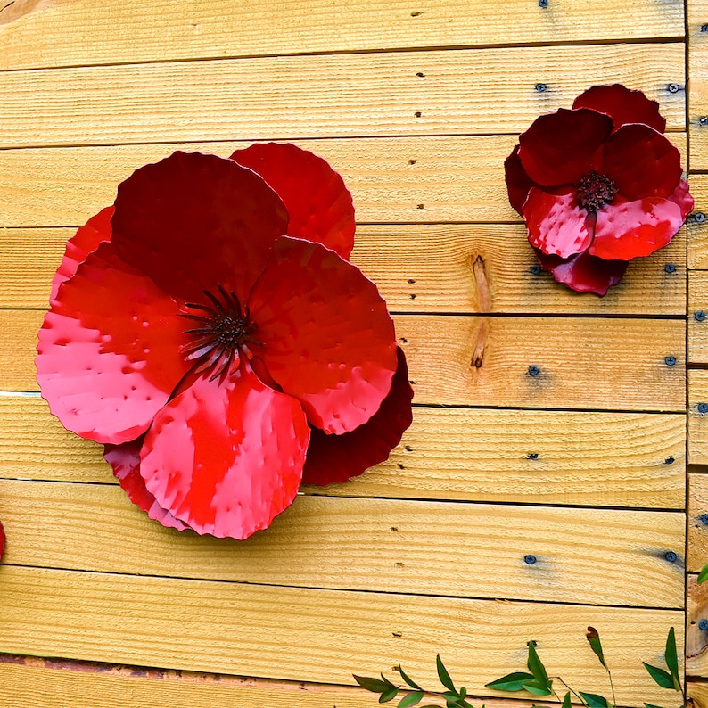 Giant Wall Hanging Poppy Set of 3 Red Metal Flowers Perfect Wall or Privacy Fence Accent outdoor metal wall art for your home or garden image 2