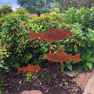 trout school outdoor metal decor Metal fish artwork Trout flowerbed marker Fish home decor art Rusty brown trout stake Rainbow image 1