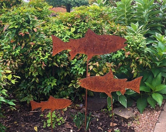 trout school outdoor metal decor - Metal fish artwork - Trout flowerbed marker - Fish home decor art - Rusty brown trout stake - Rainbow