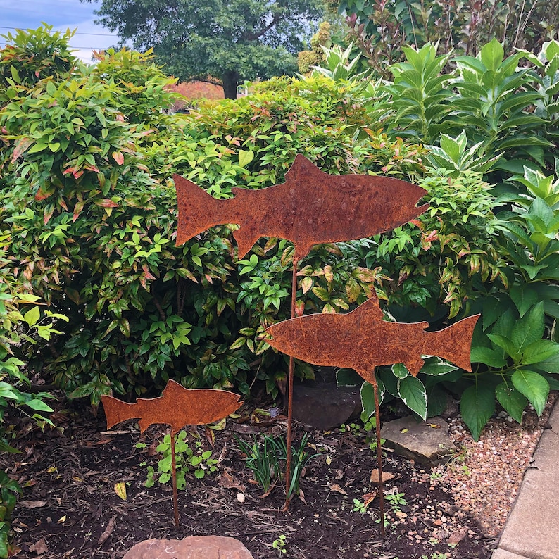 trout school outdoor metal decor Metal fish artwork Trout flowerbed marker Fish home decor art Rusty brown trout stake Rainbow image 1