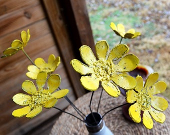 Yellow daisies metal outdoor flowers - pretty floral blooms - artificial - no water plants - rustic handmade floral home decor - made in USA