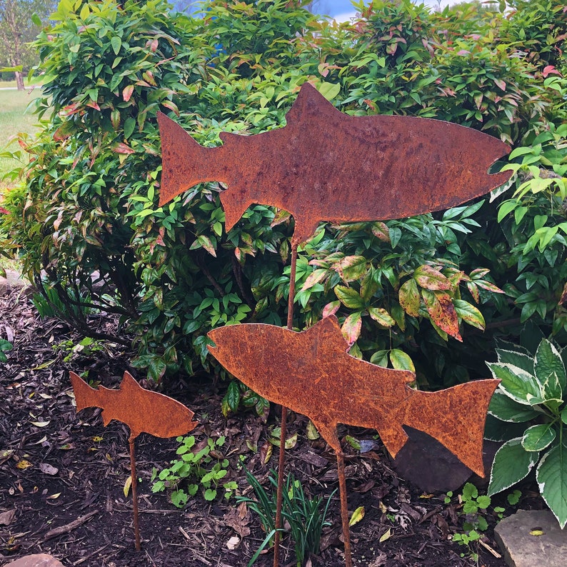 trout school outdoor metal decor Metal fish artwork Trout flowerbed marker Fish home decor art Rusty brown trout stake Rainbow image 2