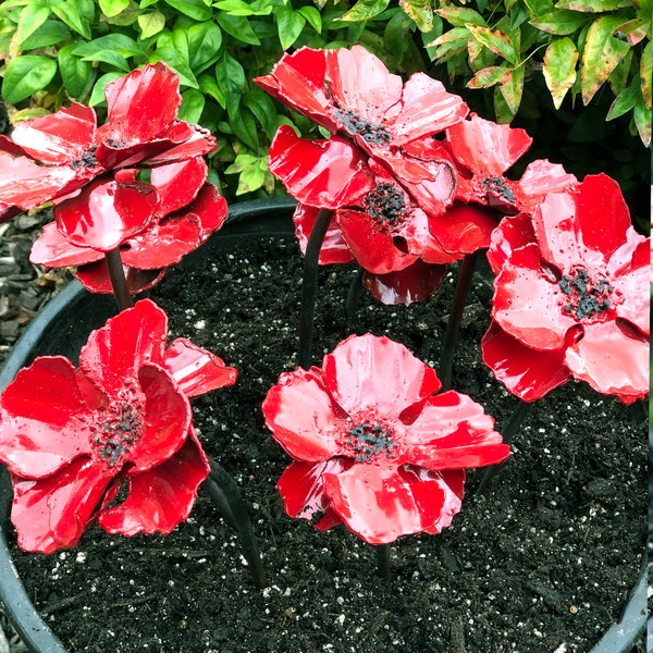 Poppy artificial metal flowers restore life to empty pots - 8 bright colorful blooms no watering - multiple base sizes from 4" up to 14"