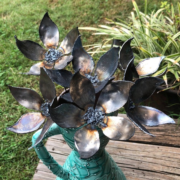 jasmine metal flower stakes - 6 unfinished steel pinwheel handmade flower art - industrial handmade look - unique home decor - flower stakes