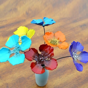 six realistic artificial metal poppies, planter accents for outdoor spaces, colorful centerpieces, desert winter flowers, free shipping image 4