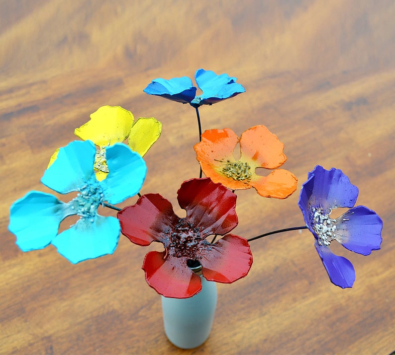 six realistic artificial metal poppies, planter accents for outdoor spaces, colorful centerpieces, desert winter flowers, free shipping image 4