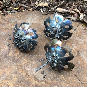 umbrella style metal flower stakes - 3 unfinished steel handmade flower art - industrial handmade look - unique home decor - flower stakes