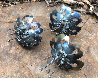 Handmade Steel Flower Stakes: Industrial Home Decor, Set of 3