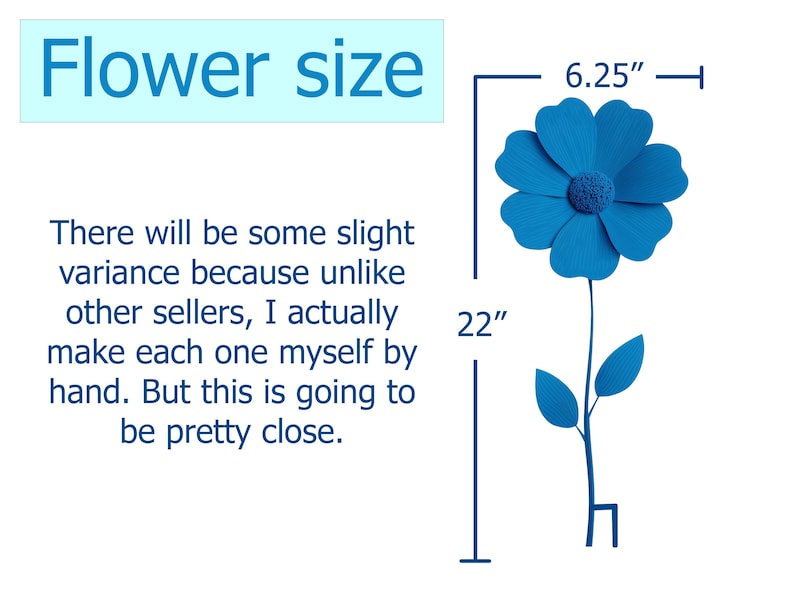 Pu&ograve; includere: Un fiore blu con un diametro di 16 cm e uno stelo di 56 cm. Il fiore ha pi&ugrave; petali e un centro strutturato. L'immagine include testo sulle dimensioni del fiore e sulla sua natura fatta a mano.