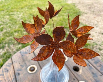 Rusty Jasmine iron flowers - handmade stake - set of 6 industrial floral decor - quality weathered finish - artificial exceptional U.S. made