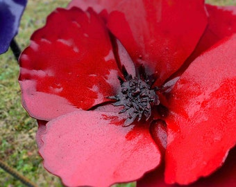 poppy handmade red metal outdoor flower stake, 22 inches tall 6 inches wide, no assembly required ready to plant flowers, drought resistant