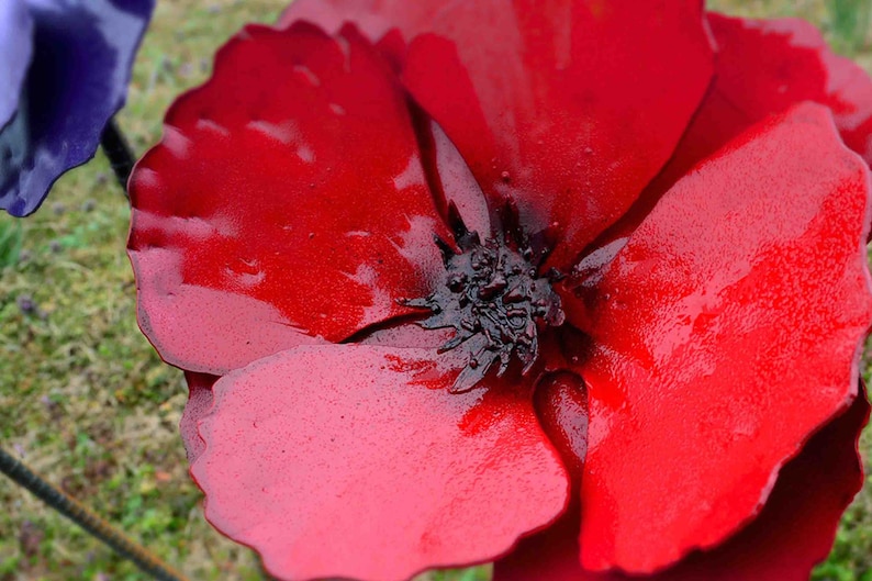 poppy handmade red metal outdoor flower stake, 22 inches tall 6 inches wide, no assembly required ready to plant flowers, drought resistant on stake for yard