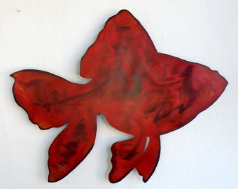 Metal Goldfish Wall hanging Art - Red Fantail Goldfish Metal Art - Metal Aquarium Fish - Goldfish Rustic Wall Sign - Steel Wall Fish Art