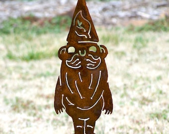 Garden gnome stake - Yard gnome - Gnome flower bed decor - Home gnome artwork - Rustic gnome art - Happy gnome stake