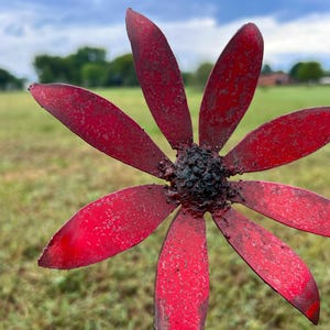 May include: A close-up of a metal flower sculpture with red petals and a dark center. The petals have a slightly weathered appearance. The sculpture is set against a blurred background of green grass and a cloudy sky.