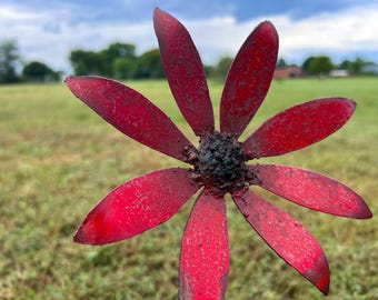 Rustic Series Handmade Red Metal Flower Stake Sidney  – 6" Wide, 22" Tall