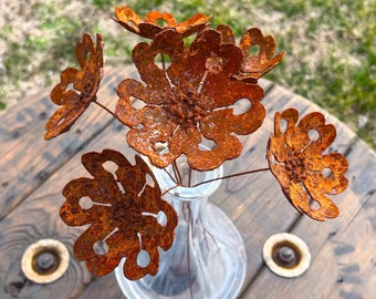 Rusty gardenia handmade metal flowers- set of six industrial floral decor - quality weathered iron finish - artificial exceptional U.S. made