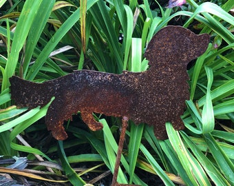 Long Haired Dachshund metal yard stake - Dotson outdoor home decor - Rusted metal Dachshund - Wiener Dog metal garden stake - Wiener dog