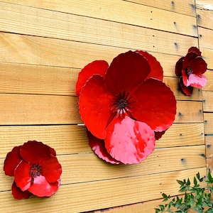 Giant Wall Hanging Poppy Set of 3 Red Metal Flowers Perfect Wall or Privacy Fence Accent outdoor metal wall art for your home or garden image 1