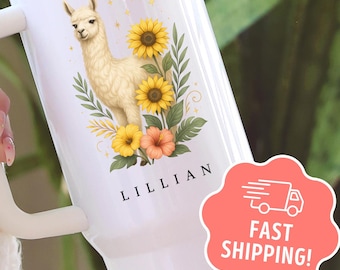 Personalized Llama Tumbler, 40oz Name Tumbler With Handle, Custom Gift for Llama Lovers, Cute Alpaca Aesthetic Cup, Farm Animal Coffee Mug