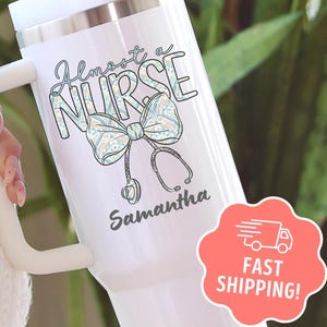 Personalized Nursing School Tumbler, 40oz Custom Name Nursing Student Cup, Cute Gift for Future Nurse, Coquette Almost a Nurse RN School Mug